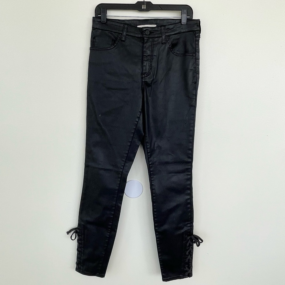 Anthropologie Pilcro Waxed Cotton Faux Leather Ankle Tie Jeans 30T Tall Black